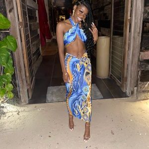 Blue Snake Print Wrap Skirt Set